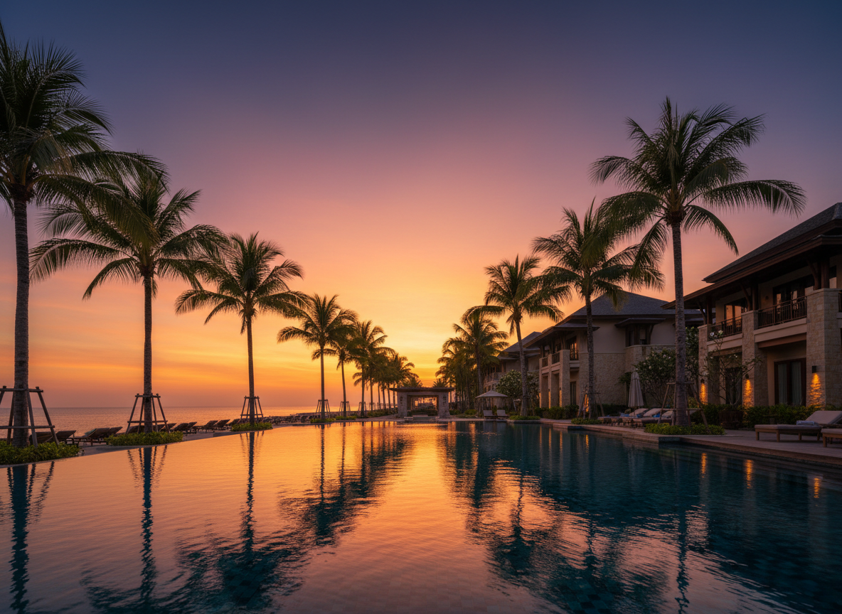 Resort pool and palm trees at sunset
